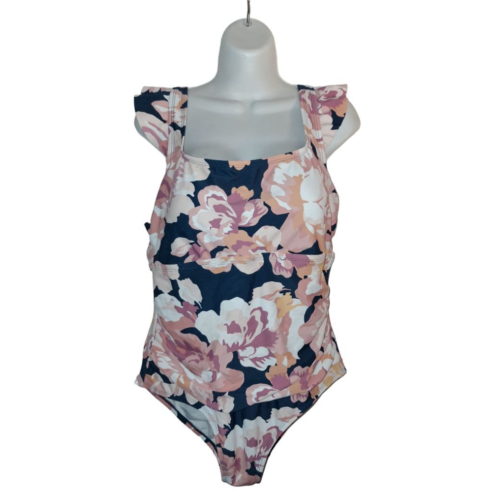 Kona Sol Navy Pink Floral Ruffle One Piece Swimsuit 16 Plus resortcore beach - Picture 3 of 7